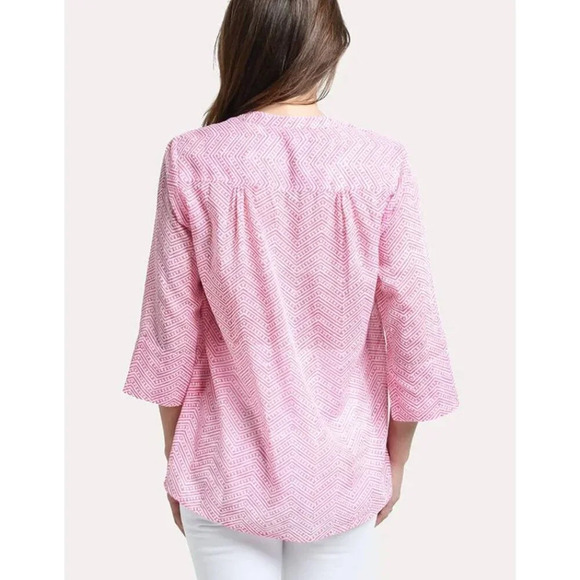 Oliphant Pintuck Tunic Blouse Womens L Pink & White Geometric Pattern 3/4 Sleeve - Picture 3 of 12
